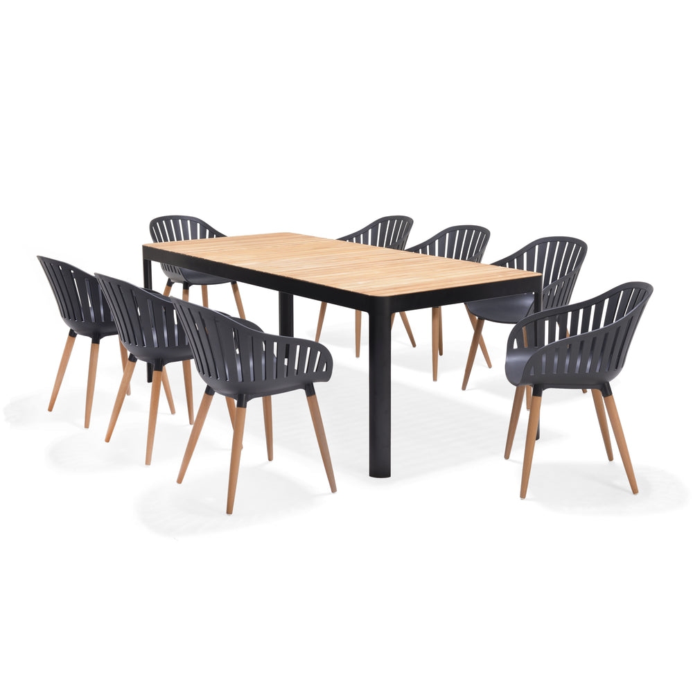 
                      
                        Portals Dark Rectangular Teak Table and 8 Nassau Black Dining Set
                      
                    